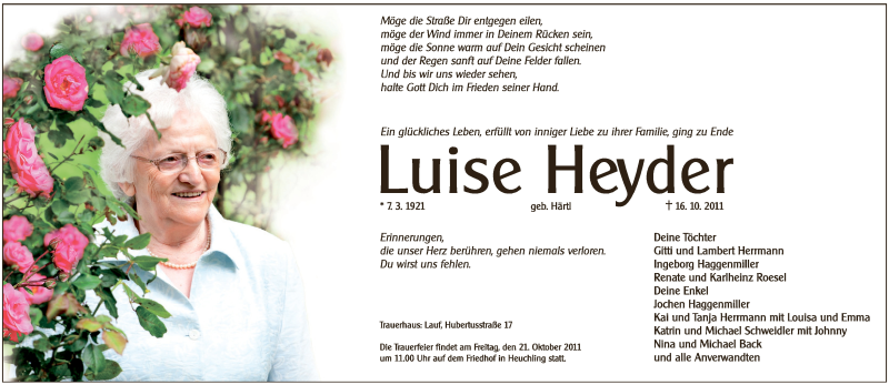  Traueranzeige für Luise Heyder vom 18.10.2011 aus Pegnitz-Zeitung